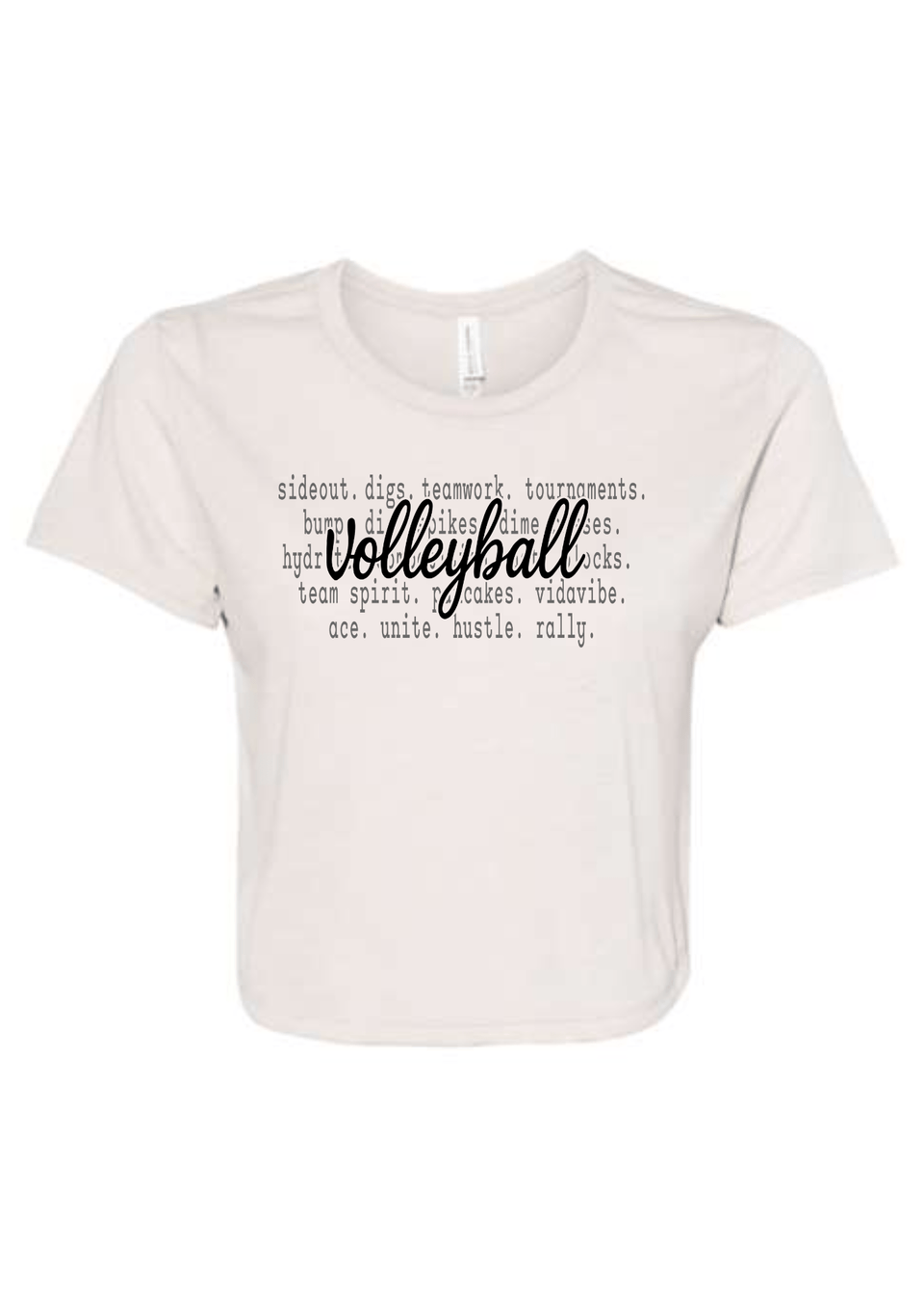 Beige t-shirt with black text on a white background
